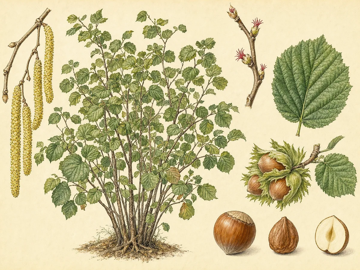 Ilustração botânica de aveleira multicaules com amentilhos masculinos, pequenas flores femininas vermelhas, folhas arredondadas e avelãs no invólucro