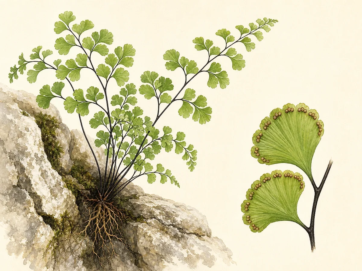 Ilustração botânica de avenca com ráquis negros, pínulas verdes em leque, soros marginais e raízes numa fenda calcária húmida