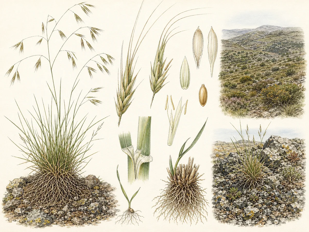 Prancha botânica de Avenula pratensis subsp. lusitanica com tufo perene, folhas estreitas, panícula aberta e espiguetas aristadas
