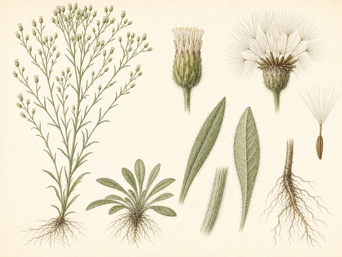 Prancha de Erigeron bonariensis com planta ereta ramificada, folhas estreitas pilosas, capítulos pequenos, papilho e raiz