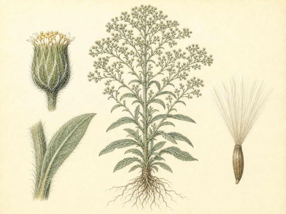 Prancha ilustrada de Conyza sumatrensis, nome aceite Erigeron sumatrensis, com planta anual robusta, folhas verde-acinzentadas pilosas, invólucros densamente pilosos e papilho branco-sujo