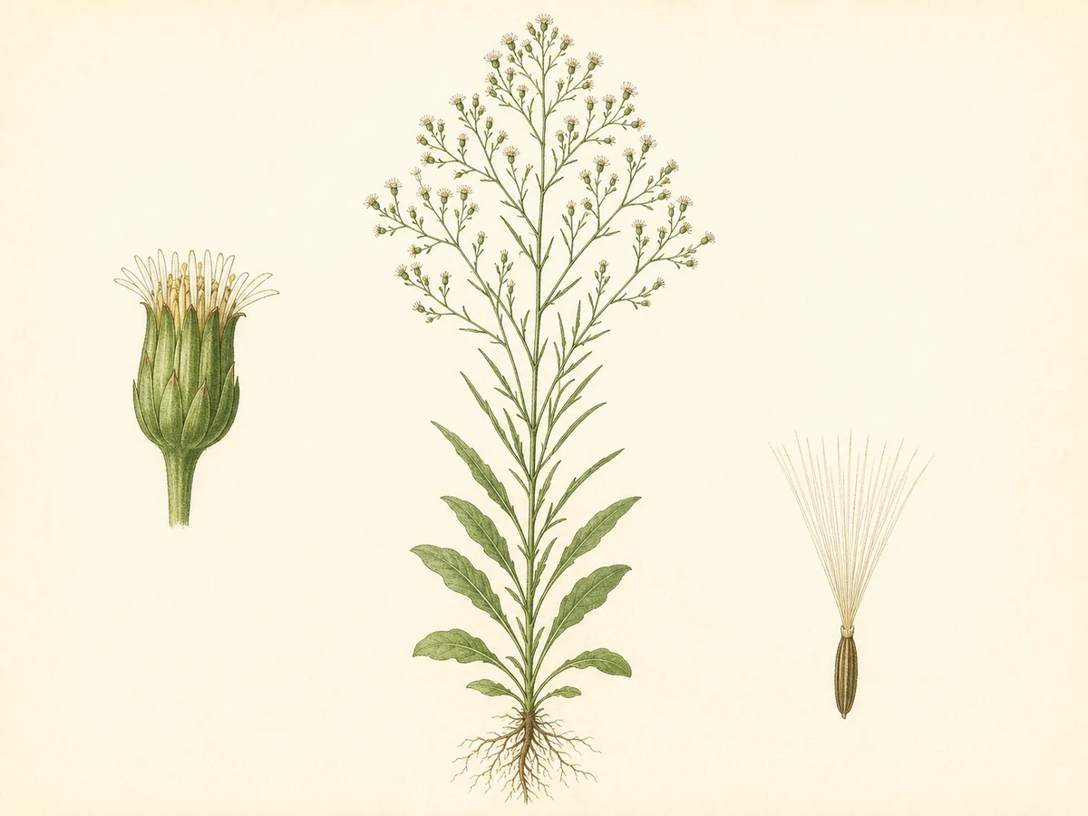 Prancha ilustrada de Conyza canadensis, nome aceite Erigeron canadensis, com planta anual esguia, folhas basais oblanceoladas, folhas superiores lineares, capítulos pequenos e papilho