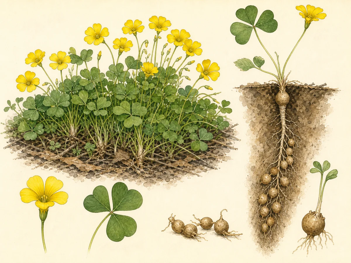 Prancha de Oxalis pes-caprae com tapete de flores amarelas, folha de três folíolos cordiformes e bolbo subterrâneo rodeado de pequenos bolbilhos