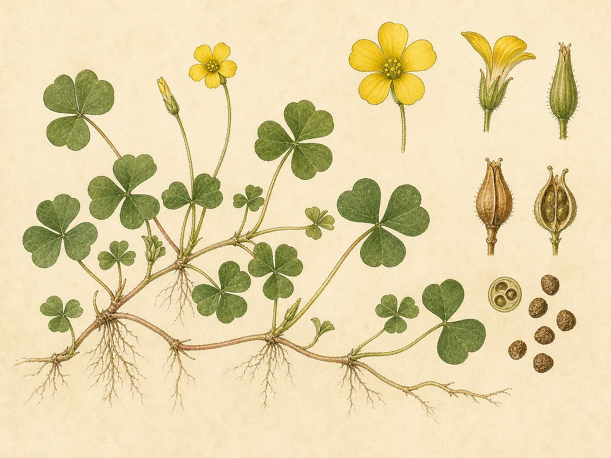 Prancha botânica preventiva de Oxalis corniculata com caules rasteiros, folhas trifoliadas, flores amarelas, cápsulas e sementes