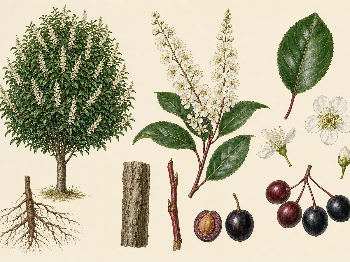 Prancha botânica de Prunus lusitanica subsp. lusitanica com pequena árvore perenifólia, folhas lustrosas de pecíolo vermelho, cachos de flores brancas e drupas escuras
