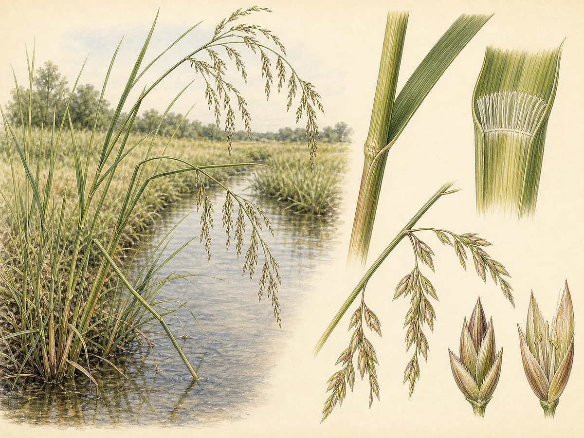 Prancha botânica de Glyceria declinata com caules geniculados junto a água rasa, folhas planas, lígula comprida e panícula inclinada de espiguetas multifloras