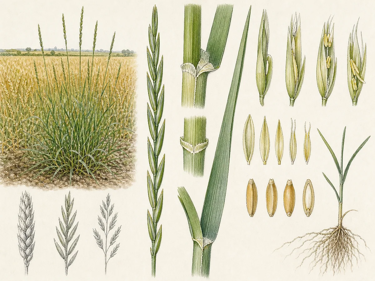 Prancha botânica de Lolium rigidum subsp. rigidum com espiga rígida, espiguetas alternas de perfil, aurículas e uma gluma por espigueta