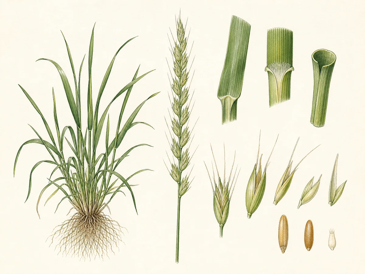 Ilustração botânica de azevém-italiano com folhas brilhantes, aurículas abraçantes, espiga aristada, sementes e raízes fibrosas