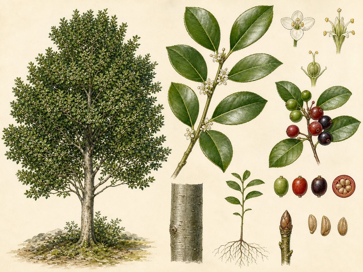 Prancha botânica de Ilex canariensis com árvore, folhas alternas quase inteiras, flores brancas, frutos em maturação, casca, sementes e raízes