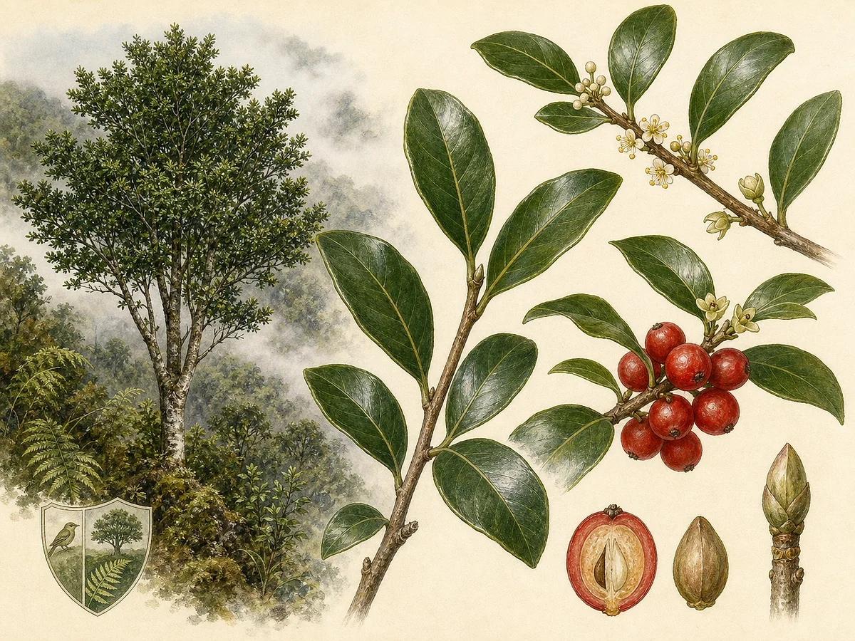 Prancha botânica de Ilex azorica com pequena árvore de floresta de nuvens, folhas elípticas quase inteiras, flores masculinas e femininas e frutos vermelhos