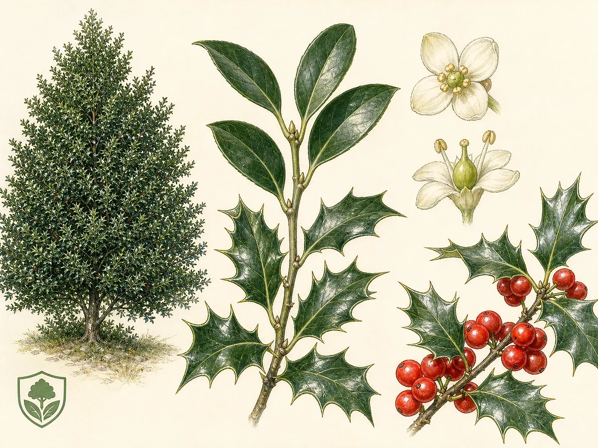 Prancha botânica de Ilex aquifolium com pequena árvore perene, folhas coriáceas brilhantes espinhosas e inteiras, flores masculinas e femininas separadas e drupas vermelhas