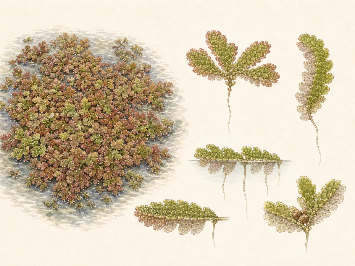 Prancha ilustrada de Azolla filiculoides com tapete flutuante verde-avermelhado, frondes minúsculas sobrepostas, raízes pendentes e esporocarpos