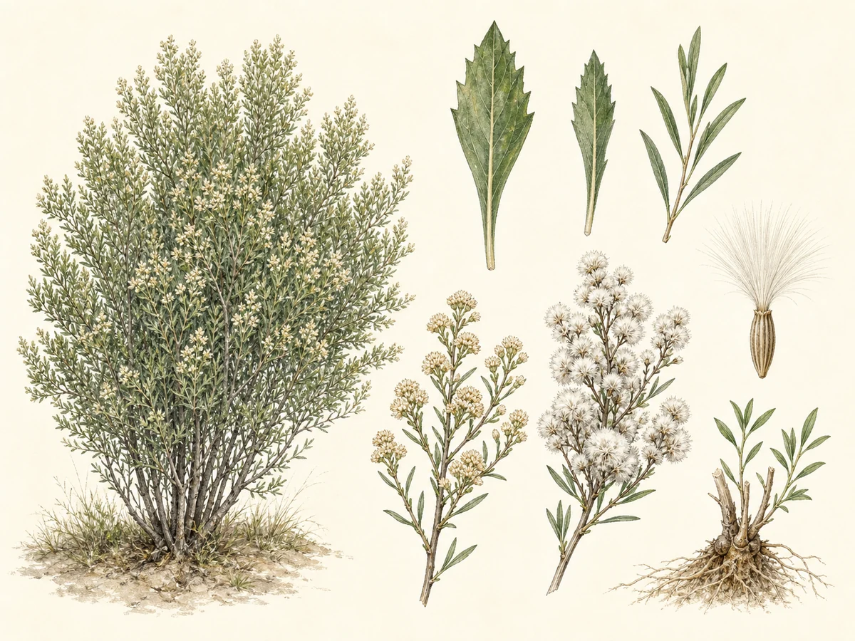 Prancha botânica de Baccharis halimifolia com arbusto, folhas dentadas, ramos florais masculinos e femininos, aquénio com papilho e rebentos basais