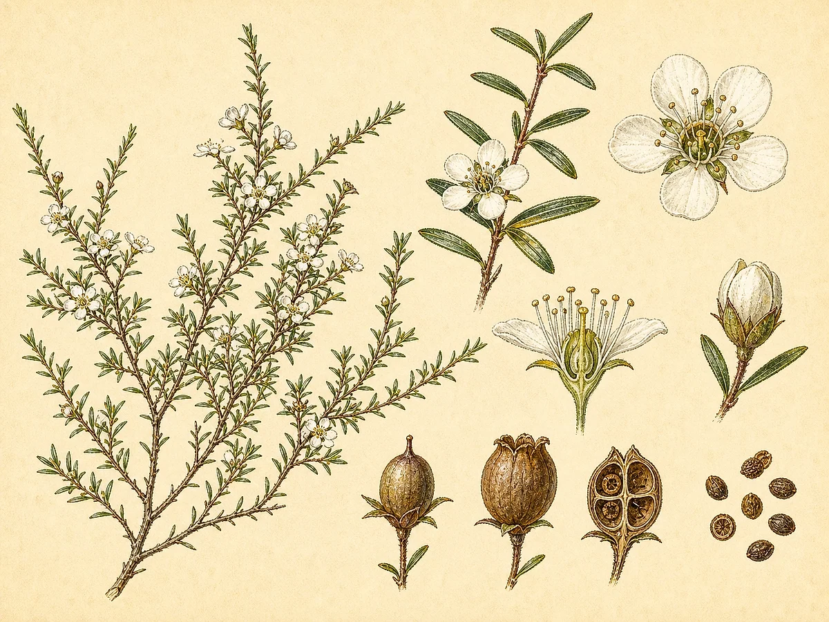 Prancha botânica de Baeckea frutescens com arbusto fino, folhas lineares opostas, pequenas flores brancas, cápsulas e sementes