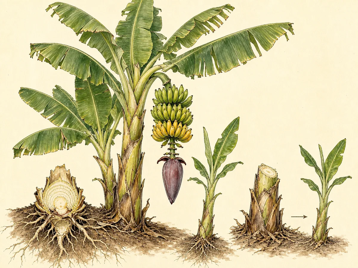 Ilustração botânica de bananeira Cavendish com pseudocaule, folhas largas, inflorescência roxa, cacho de bananas e rebento sucessor