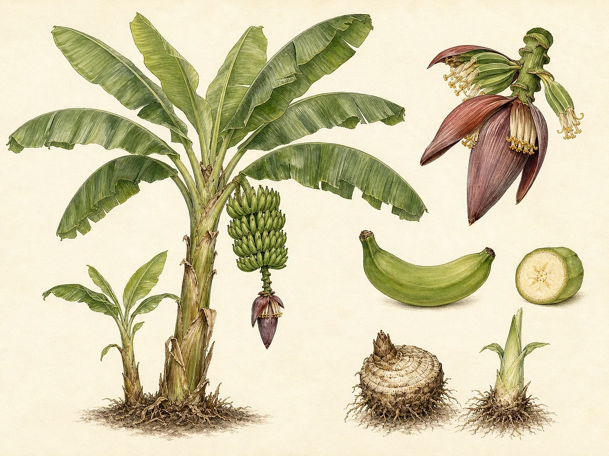 Prancha botânica documental da bananeira Chinese Cavendish com pseudocaule, folha, inflorescência, cacho, fruto em corte, rizoma e rebento