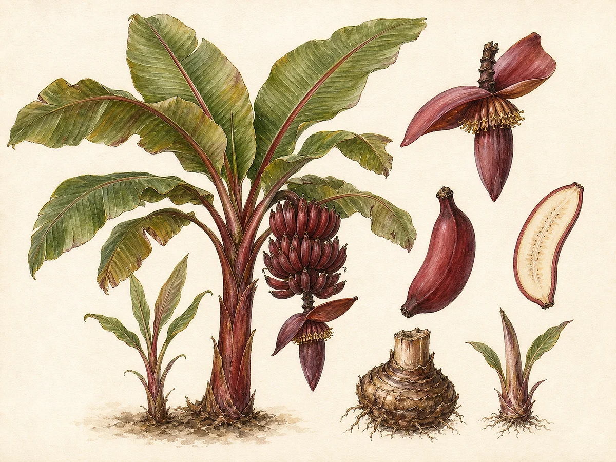 Prancha botânica documental da bananeira Dwarf Red com pseudocaule, folha, inflorescência, cacho, fruto em corte, rizoma e rebento
