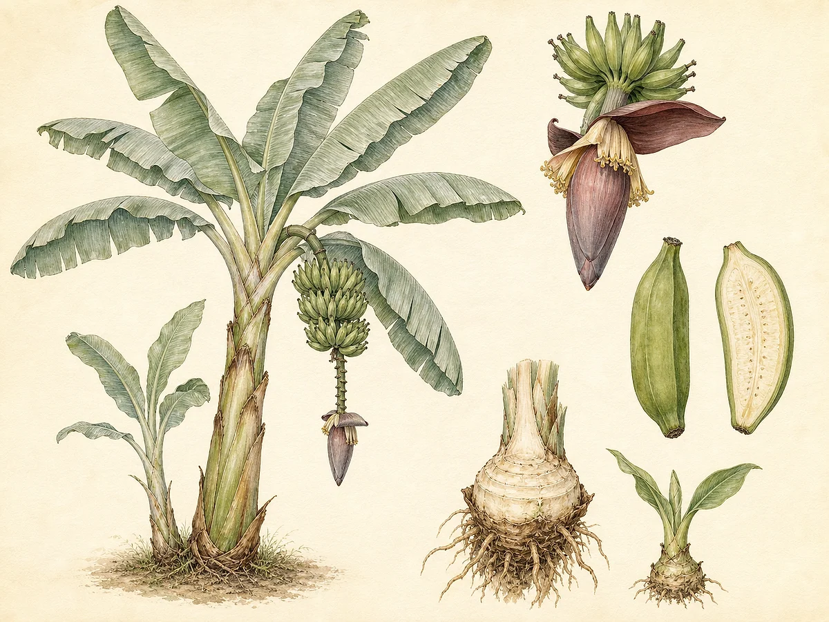 Prancha botânica documental da bananeira Giant Cavendish com pseudocaule, folha, inflorescência, cacho, fruto em corte, rizoma e rebento
