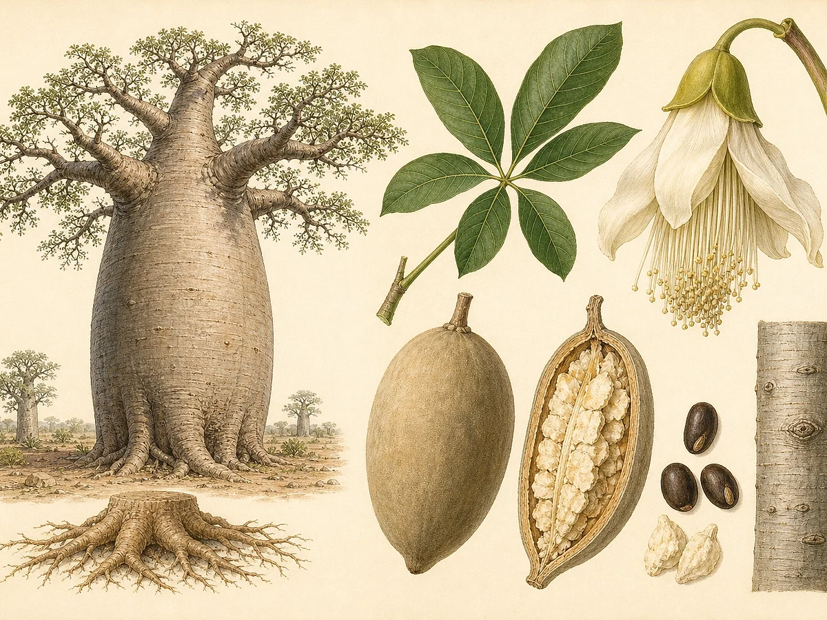 Prancha botânica de Adansonia digitata com árvore de tronco maciço, folhas palmadas, flor branca pendente, fruto lenhoso e sementes