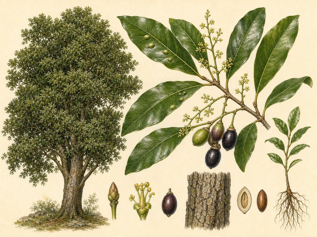 Prancha botânica de Apollonias barbujana com árvore, folhas alternas coriáceas com domácias, flores, drupas escuras, casca e raízes