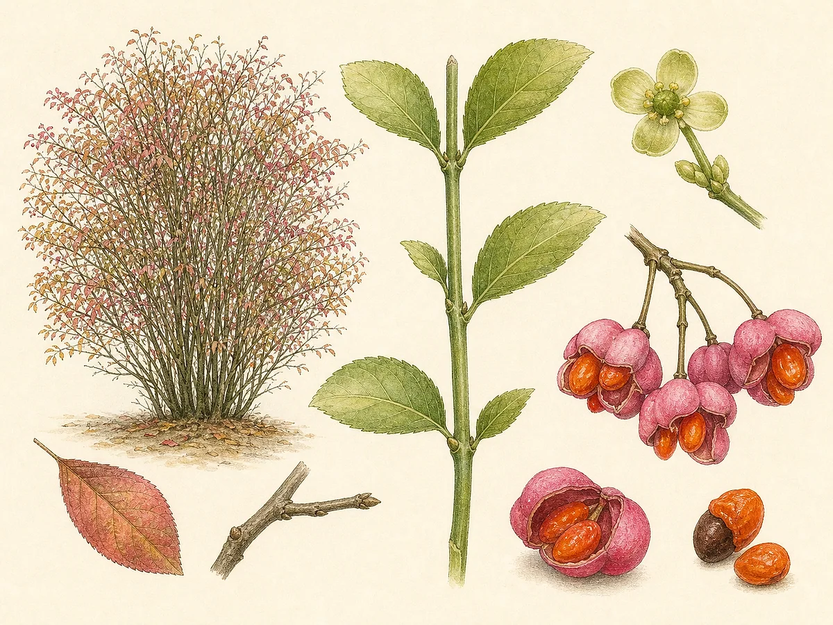 Prancha botânica de Euonymus europaeus com ramos verdes quadrangulares, folhas opostas, flores verdes de quatro pétalas e cápsulas rosa de quatro lobos abertas sobre arilos laranja