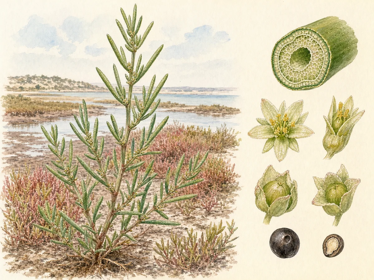 Prancha botânica de Salsola soda com anual ereta ramificada, folhas alternas longas cilíndricas e suculentas, flores axilares discretas e fruto com perianto persistente
