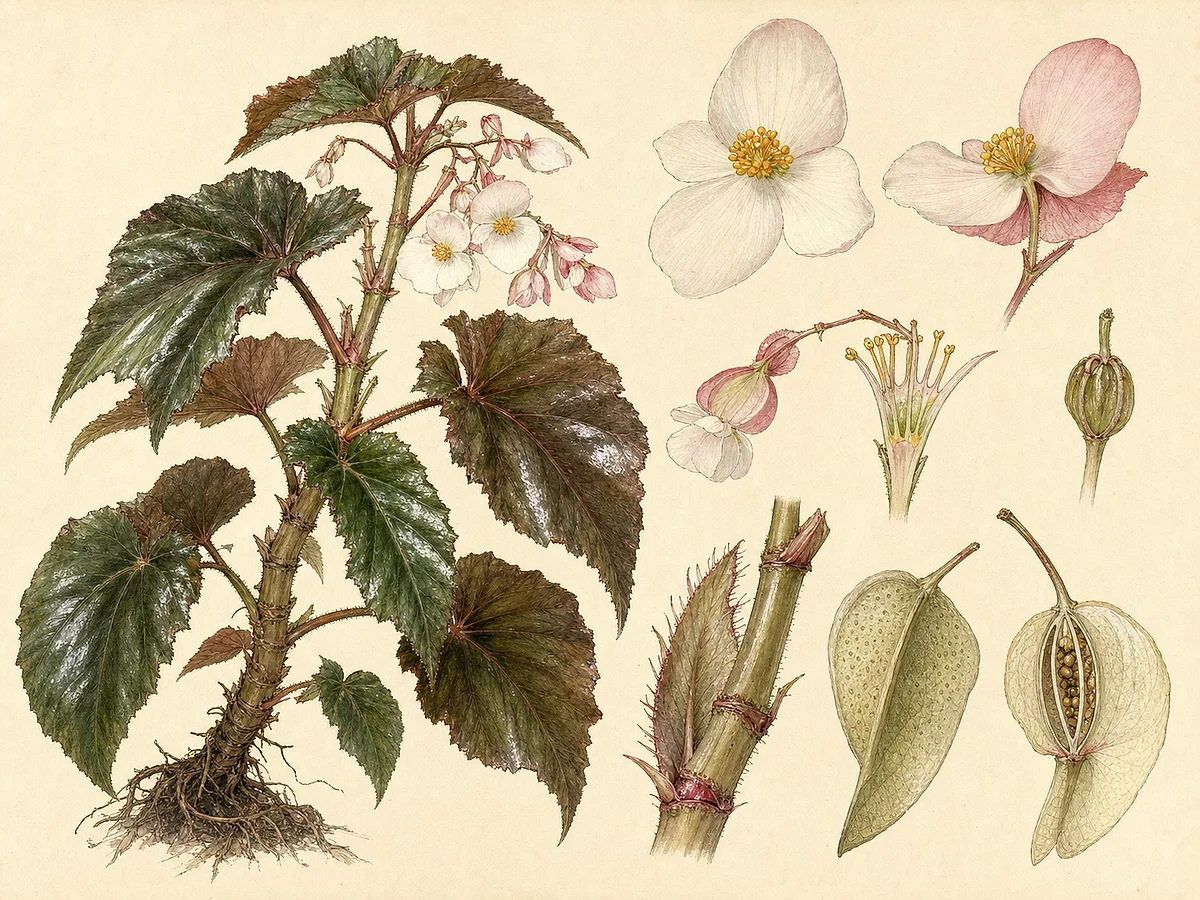 Prancha botânica de Begonia cucullata com porte completo, folhas assimétricas, flores masculinas e femininas e cápsula alada