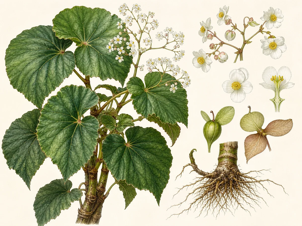Prancha botânica de Begonia reniformis com subarbusto, folhas grandes assimétricas reniformes, panículas de flores brancas, cápsulas aladas e raízes