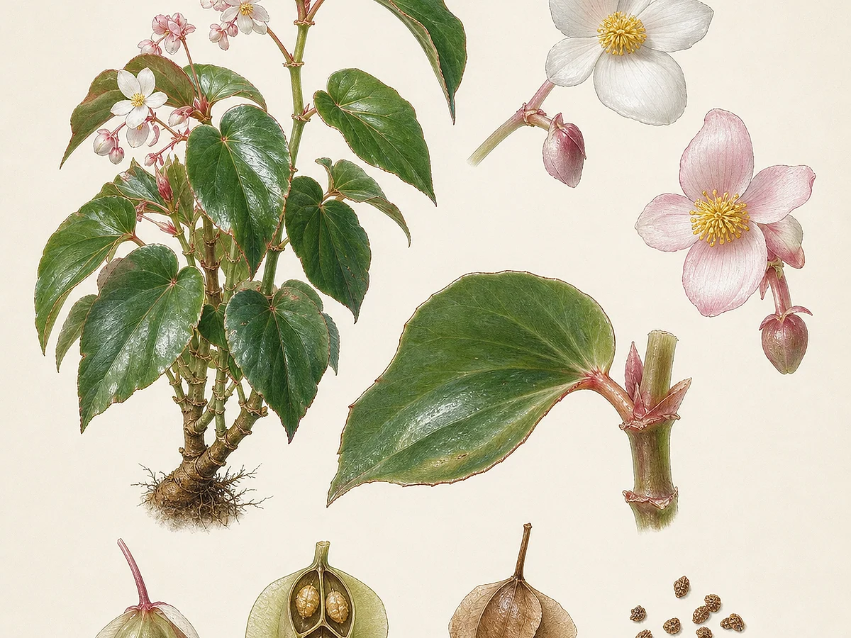 Prancha botânica de Begonia cucullata var. cucullata com subarbusto, folhas assimétricas brilhantes, estípulas, flores brancas e rosadas masculinas e femininas e cápsula alada