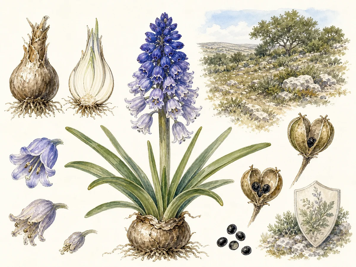 Prancha botânica de Bellevalia hackelii com bolbo, folhas lineares em roseta, cacho de flores azul-violeta que empalidecem e cápsulas triloculares