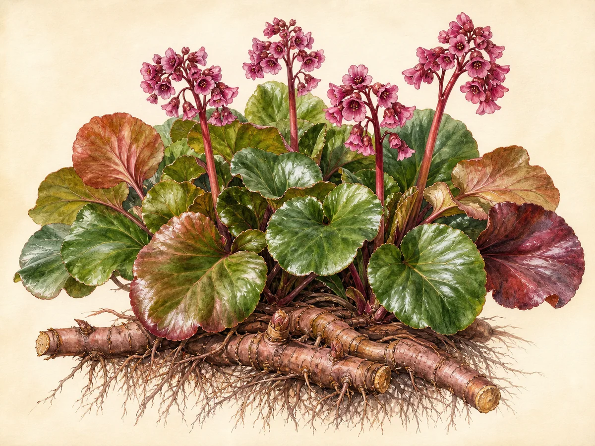 Ilustração botânica de bergénia com rizomas grossos, folhas grandes cordiformes bronzeadas e cachos de flores rosa