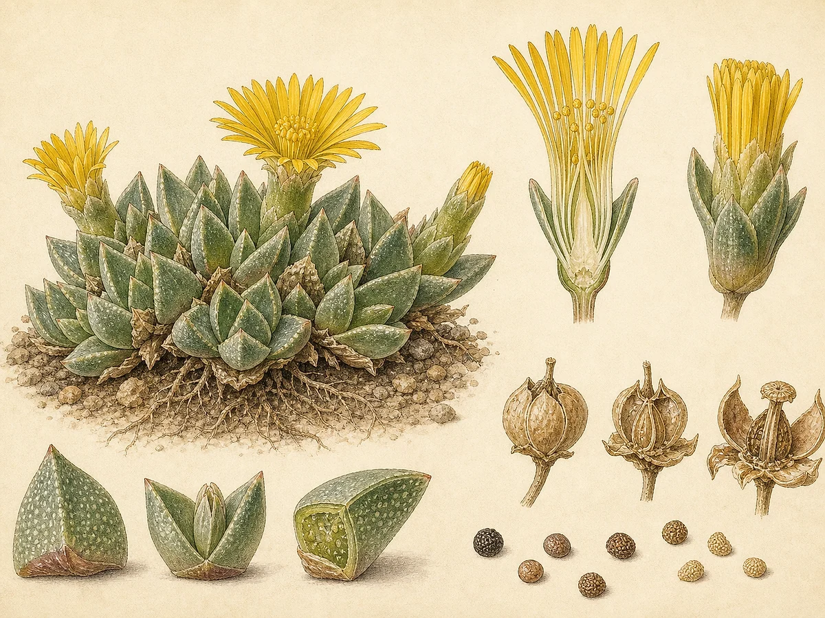 Prancha botânica de Bergeranthus multiceps com pequena touceira, folhas triangulares carnosas, flor amarela, cápsula e sementes