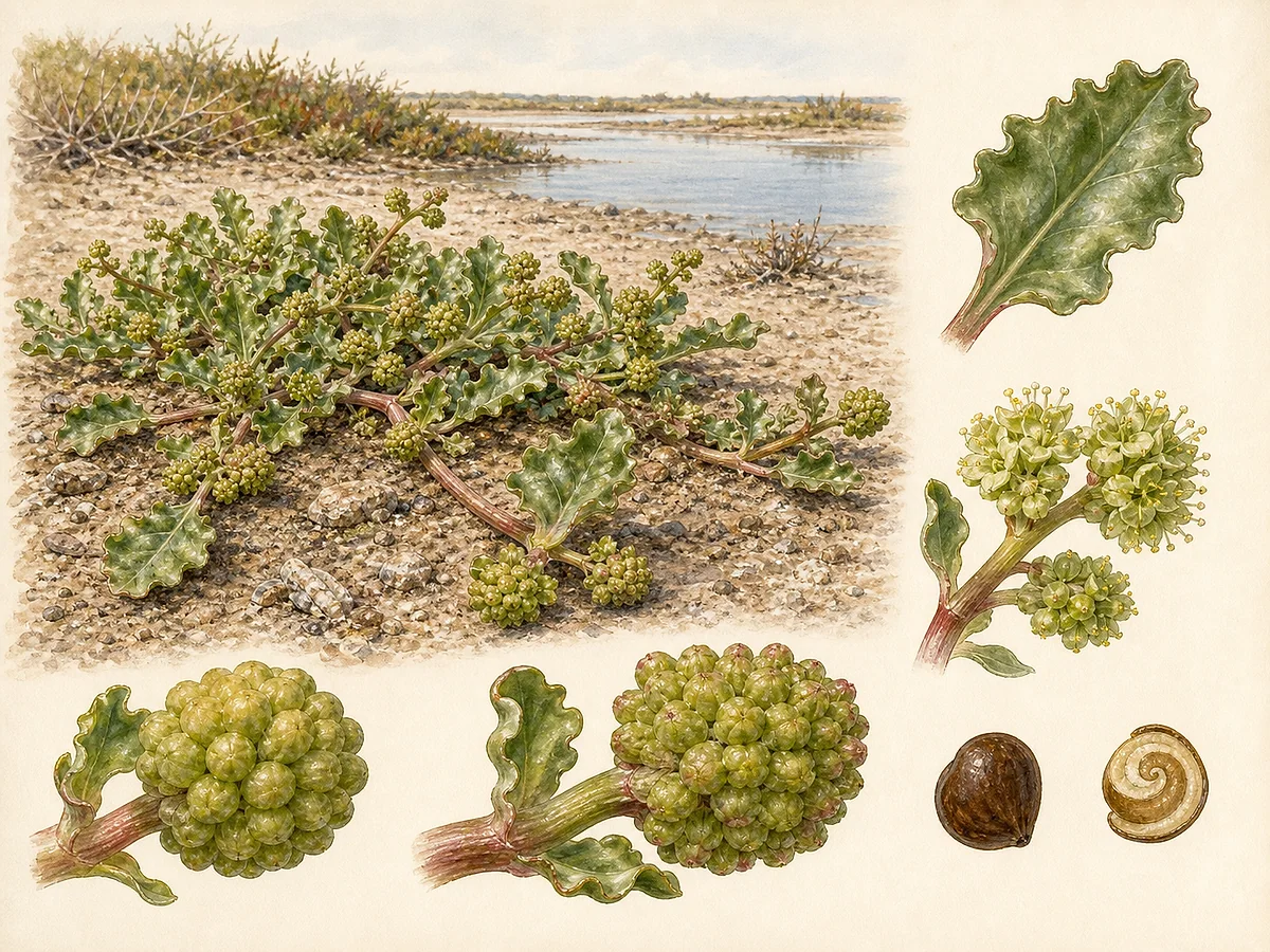 Prancha botânica de Beta macrocarpa com erva anual de folhas carnosas onduladas, hastes prostradas, glomérulos florais verdes e grandes frutos aderentes ampliados