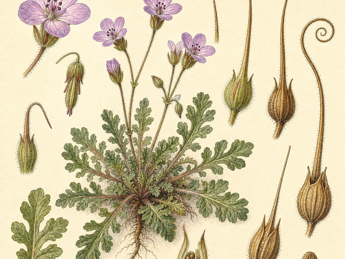 Prancha botânica de Erodium botrys com roseta de folhas lobadas, pequenas flores lilases e mericarpos com longos bicos helicoidais