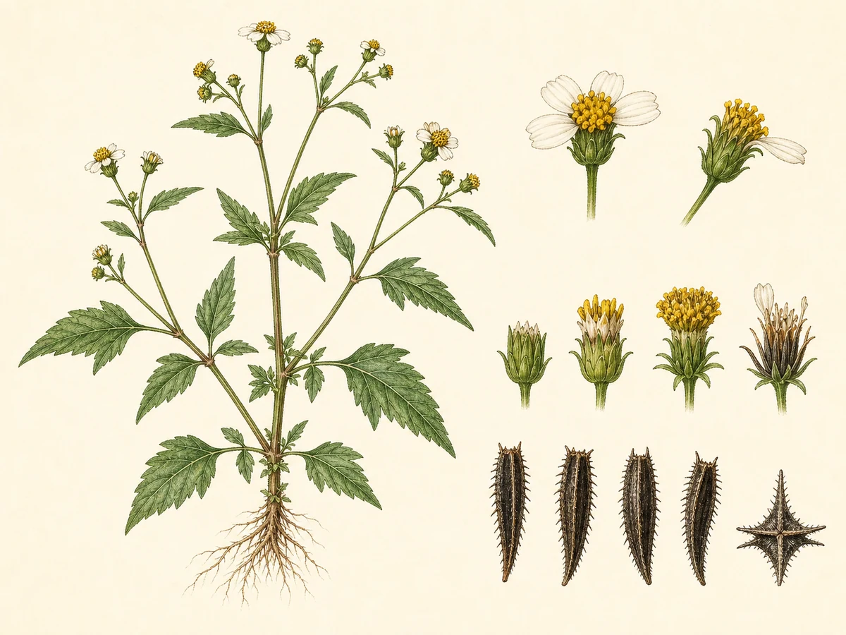 Prancha ilustrada de Bidens pilosa com erva ramificada, folhas dentadas 3- e 5-lobadas, capítulos pequenos de lígulas brancas e aquénios escuros com aristas farpadas