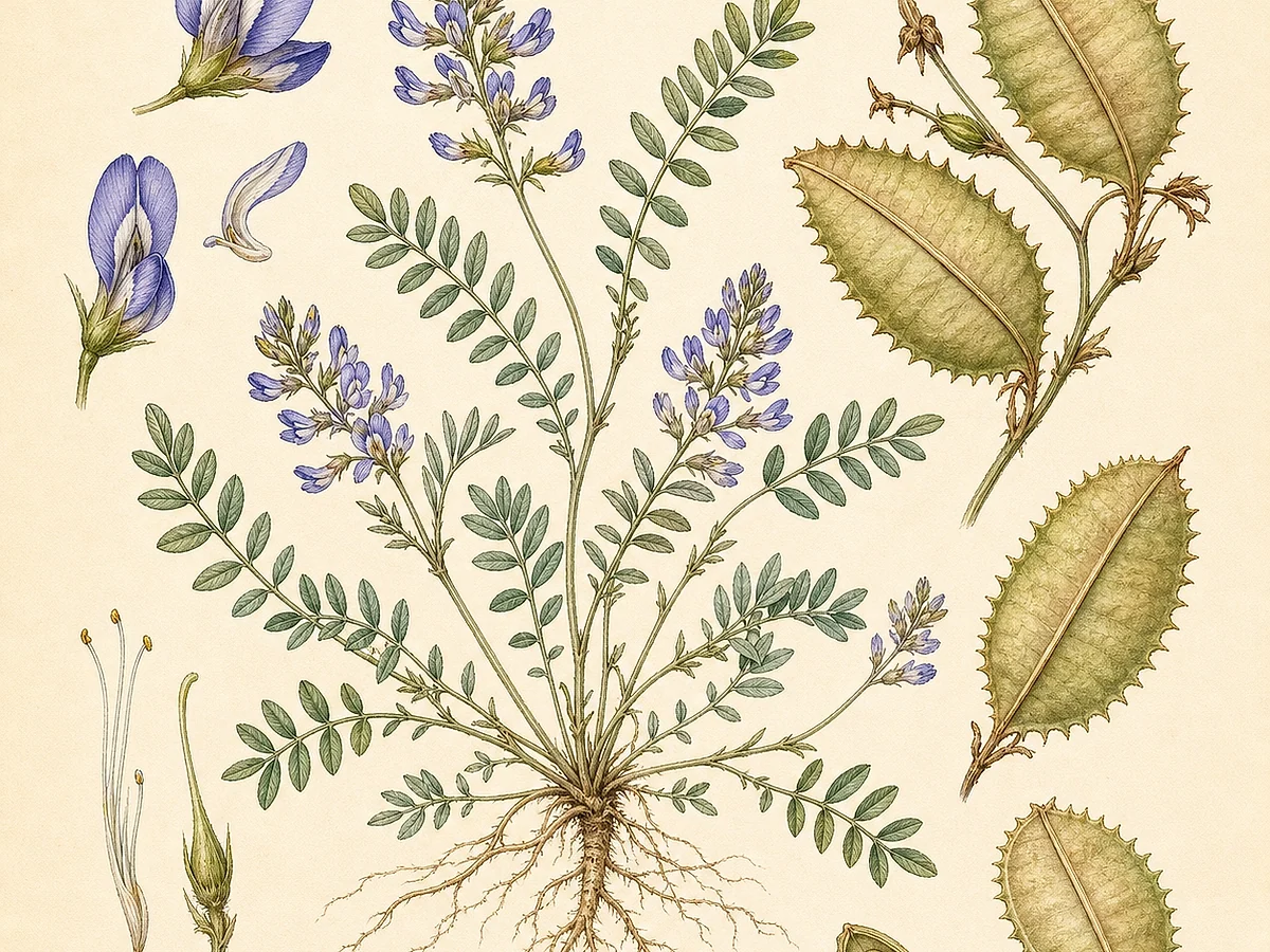 Prancha botânica de Biserrula pelecinus subsp. pelecinus com folhas pinadas, pequenas flores azuladas e vagens achatadas com margens duplamente serradas