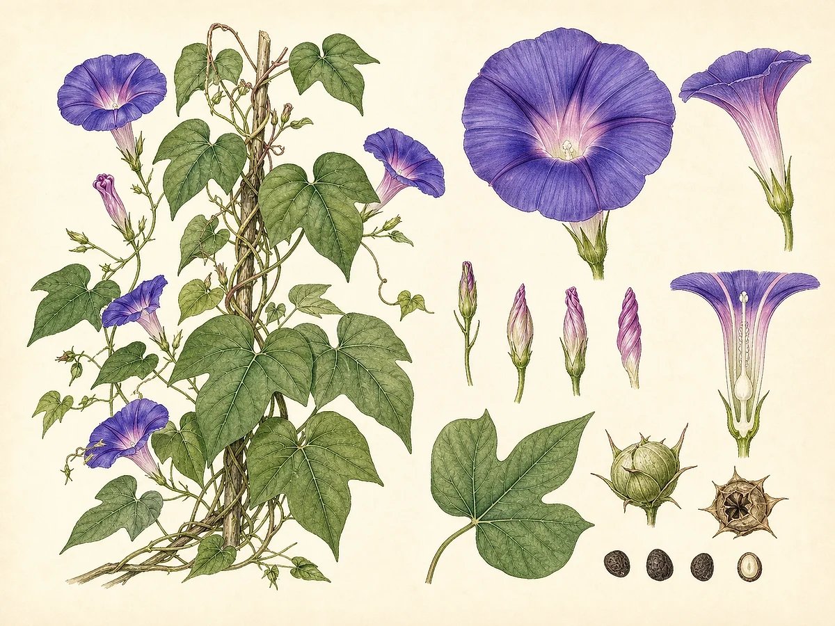 Prancha botânica documental de Ipomoea indica, trepadeira introduzida registada no arquipélago da Madeira
