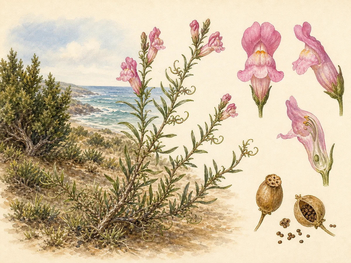 Prancha botânica de Antirrhinum cirrhigerum com subarbusto de duna, folhas estreitas, pequenos ramos laterais gavinhosos, flores rosadas bilabiadas e cápsulas