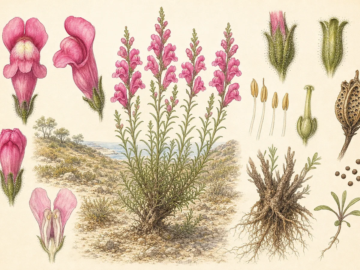 Prancha botânica de Antirrhinum linkianum com caules eretos, folhas estreitas e racemos de grandes flores rosa bilabiadas com palato claro