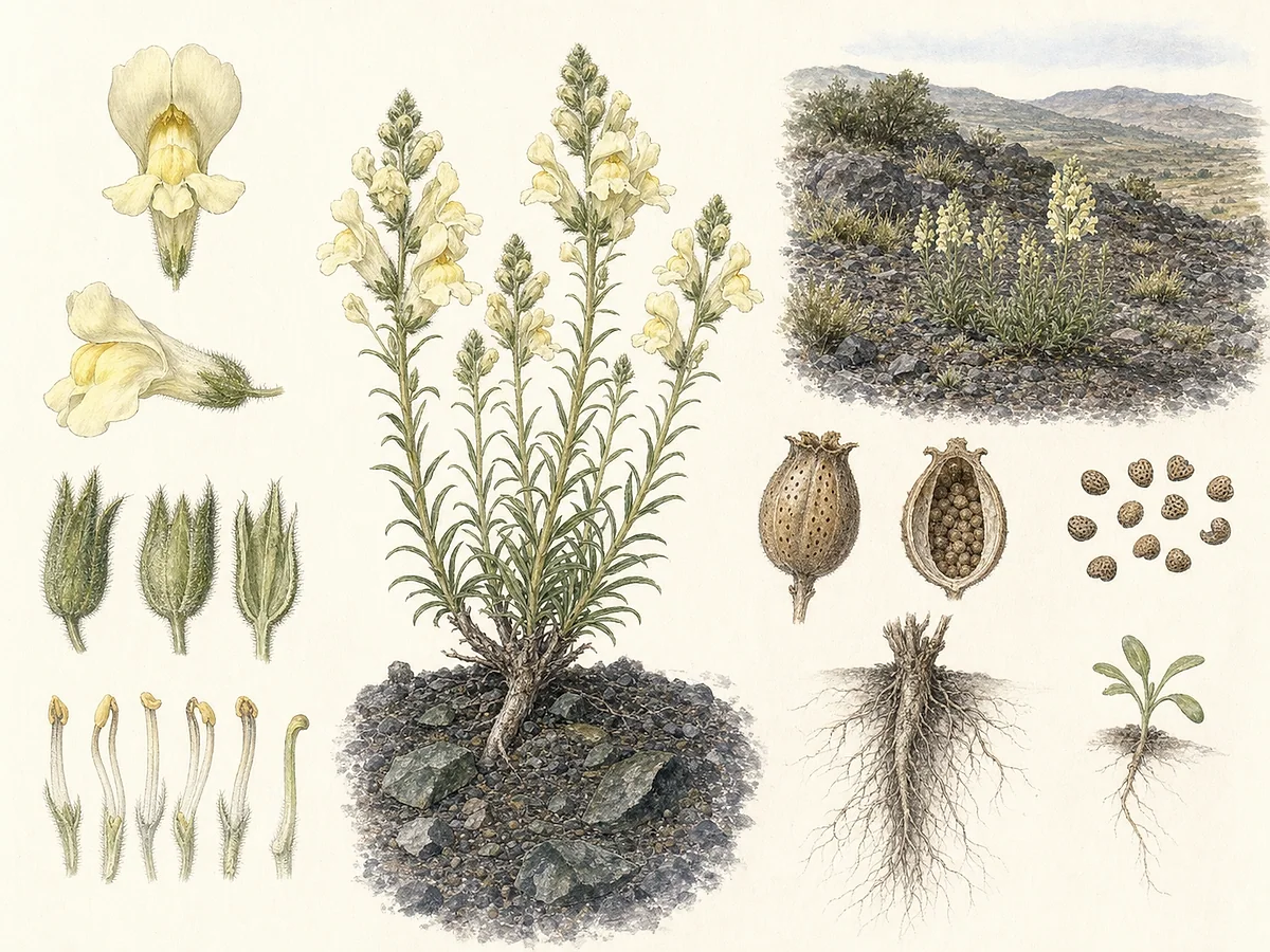 Prancha botânica de Antirrhinum rothmaleri com base perene, folhas estreitas, flores bilabiadas amarelo-pálidas e cápsula poricida