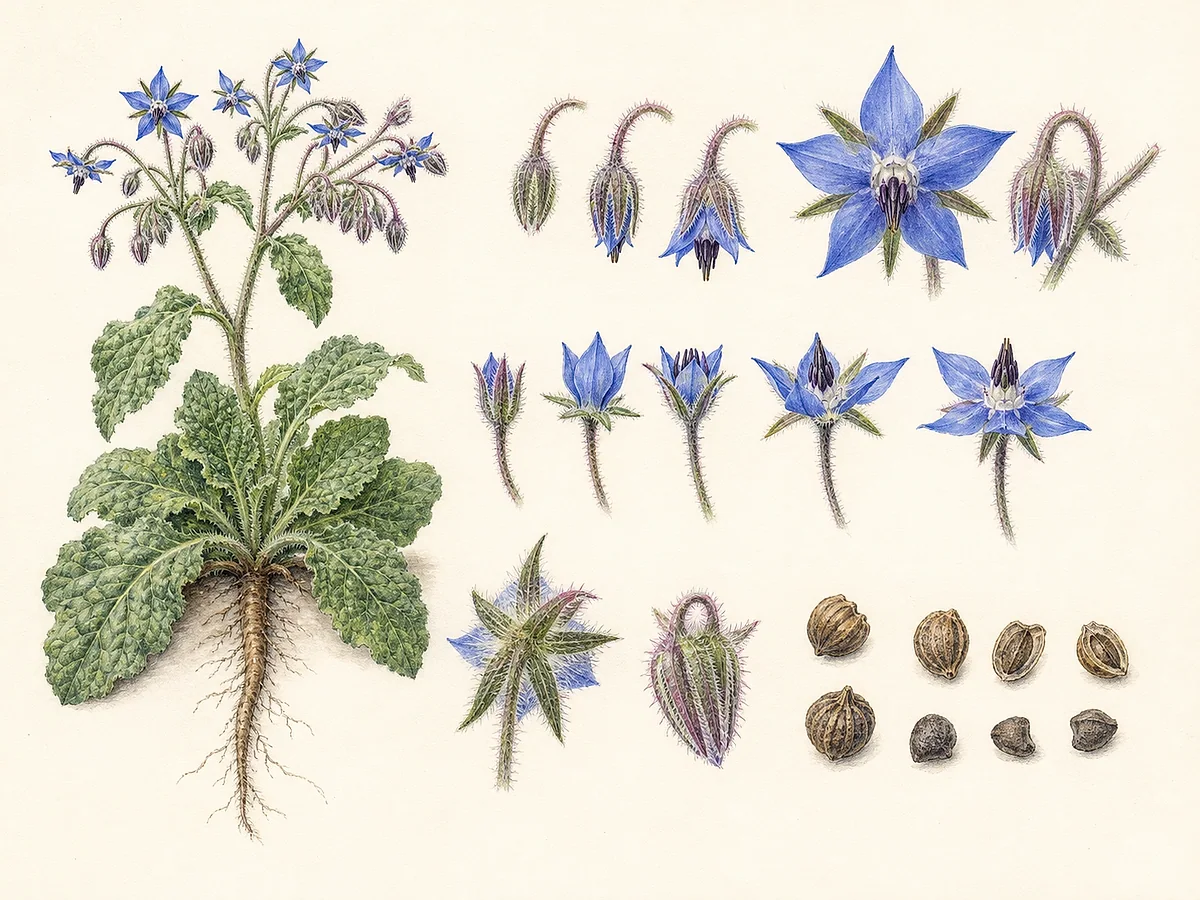 Ilustração botânica de borragem com folhas e caules ásperos, flores azuis estreladas pendentes, cálice, quatro núculas e raiz pivotante