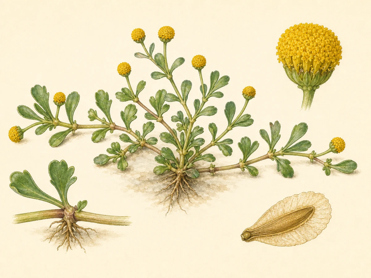 Prancha ilustrada de Cotula coronopifolia com caules decumbentes estolhosos, folhas oblongas pouco recortadas, capítulos amarelos em botão e frutos periféricos alados