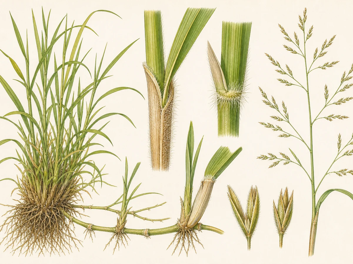 Prancha de Brachiaria mutica, nome legal reconciliado com Urochloa mutica, mostrando estolhos enraizados, bainhas pilosas e panícula aberta
