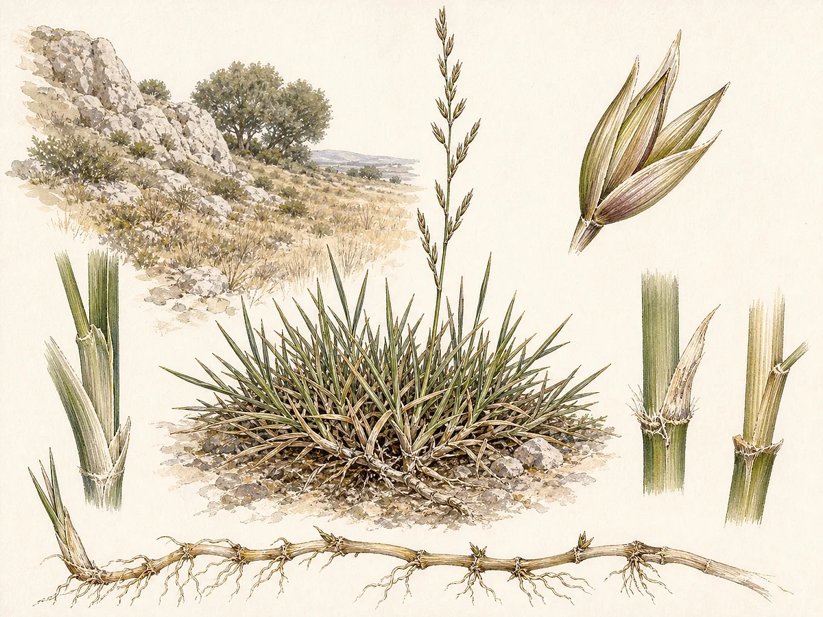 Prancha botânica de Brachypodium retusum com tapete rizomatoso baixo, folhas curtas rígidas, racemo ereto de espiguetas sésseis e rizoma