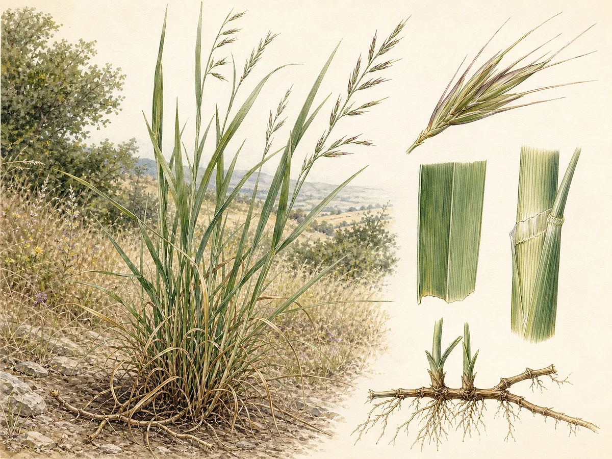 Prancha botânica de Brachypodium phoenicoides com touceira rizomatosa alta, folhas planas, racemo comprido de espiguetas estreitas aristadas e rizoma