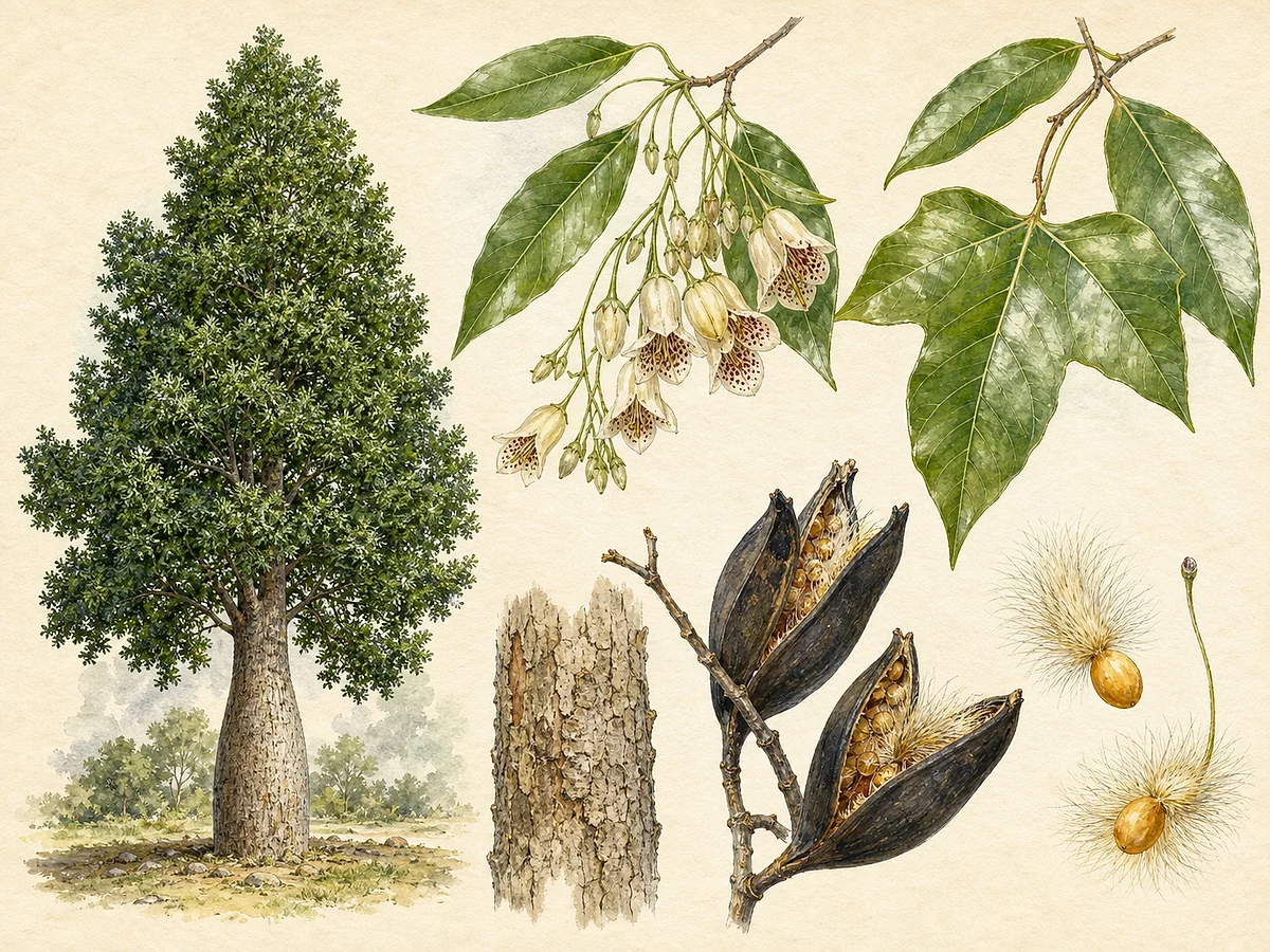 Prancha botânica de Brachychiton populneus com tronco engrossado, folhas variáveis inteiras e lobadas, flores campanuladas claras pintalgadas e folículos negros com sementes pilosas