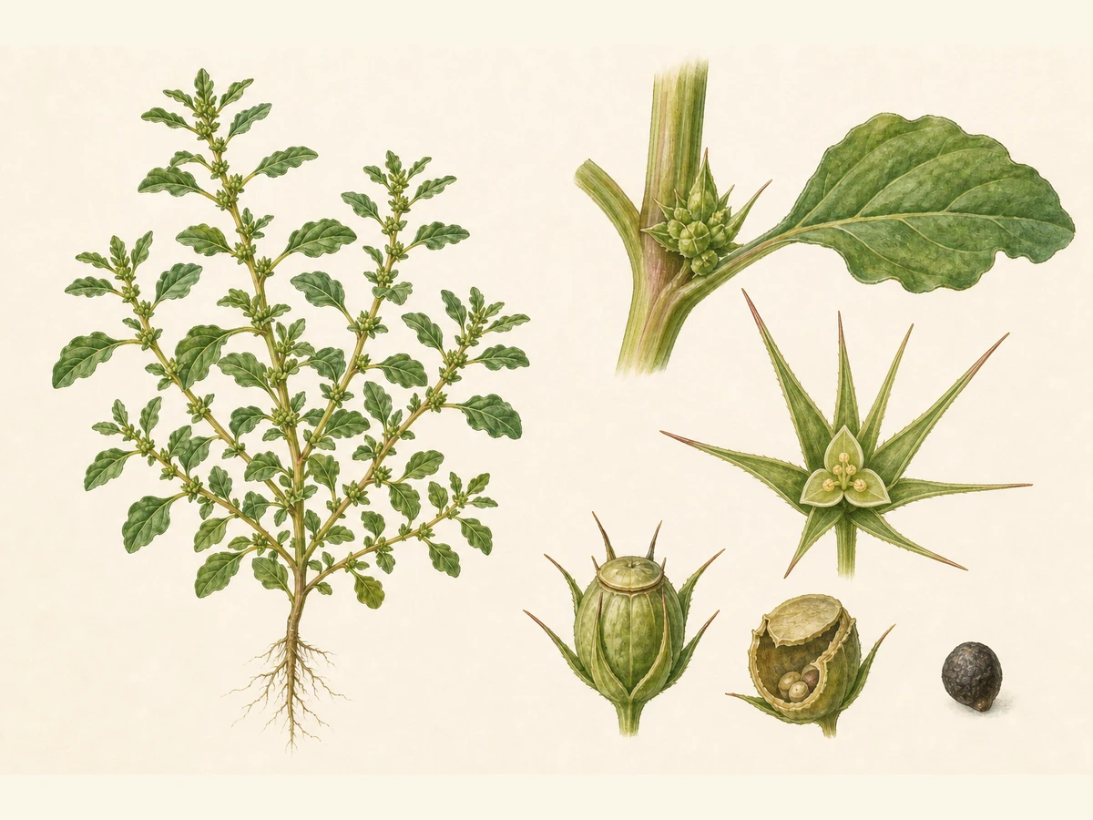 Prancha ilustrada de Amaranthus albus com anual muito ramificada, folhas pequenas elípticas de margem ondulada, glomérulos axilares, flores trímeras e bractéolas espinescentes maiores do que o perianto