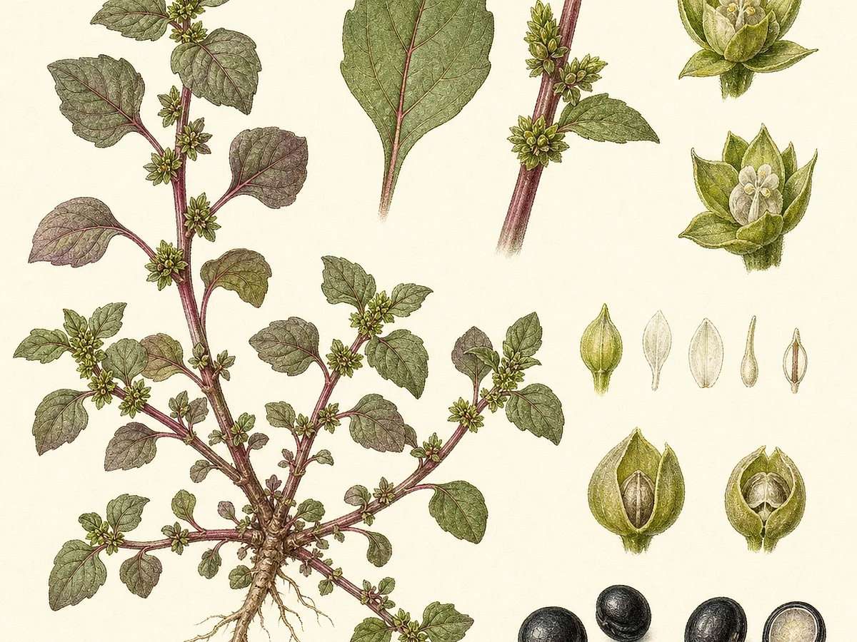 Prancha botânica de Amaranthus blitum com erva anual prostrada, folhas ovadas de ápice entalhado, glomérulos axilares, utrículos e sementes negras