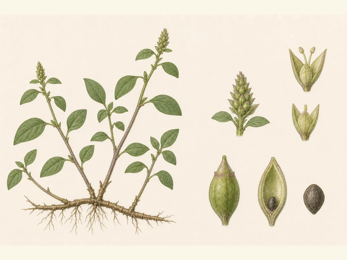 Prancha ilustrada de Amaranthus deflexus com erva rizomatosa prostrada a ereta, folhas ovadas a romboidais, espigastro terminal, flores dímeras e fruto liso mais longo do que o perianto