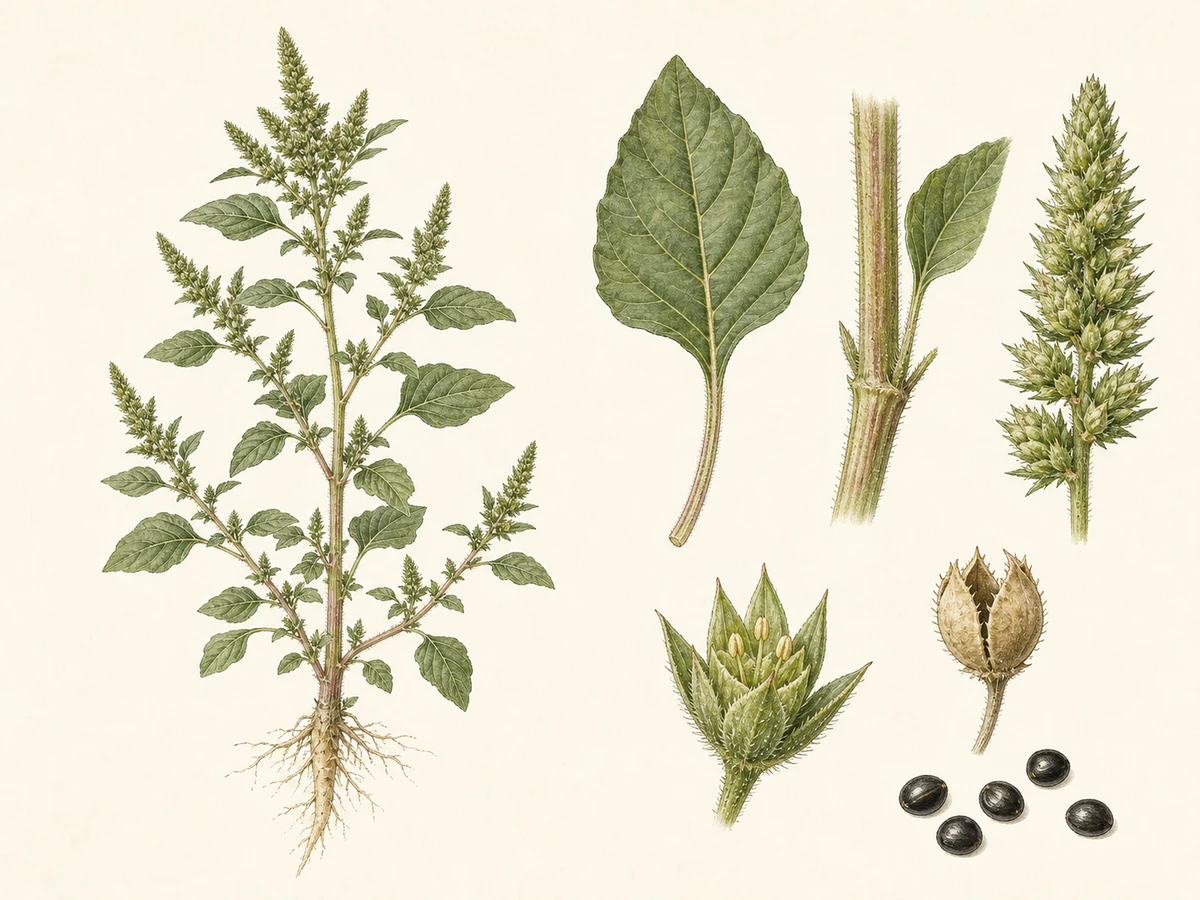Prancha ilustrada de Amaranthus retroflexus com planta anual ereta, folhas ovadas, caule piloso, espigas verdes densas, cápsula e sementes negras